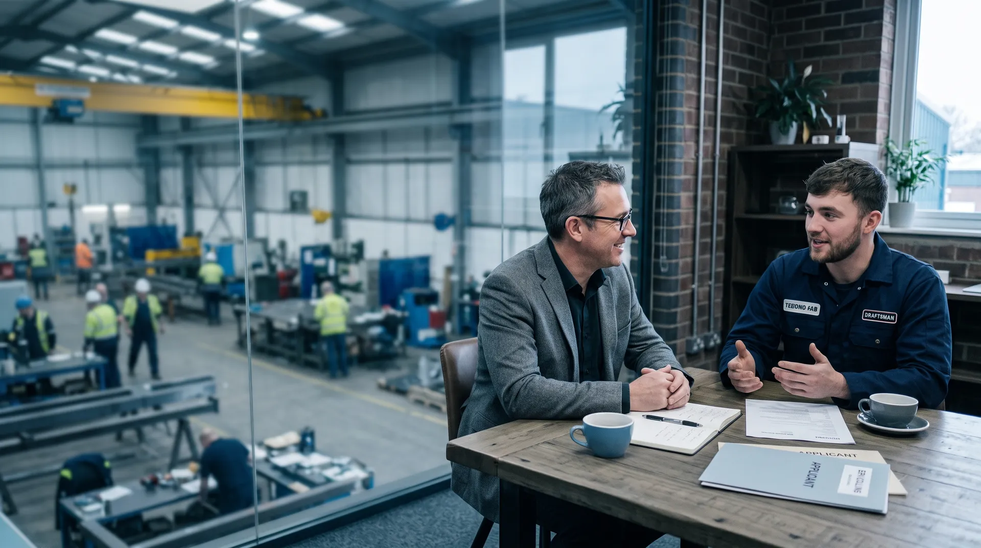 Job interview as equals in an office overlooking the workshop hall