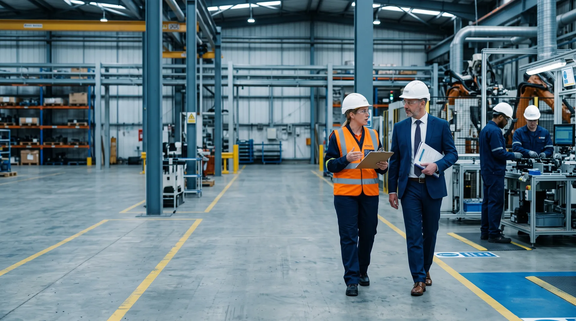 Coordinator with clipboard talking to a plant manager in a production hall