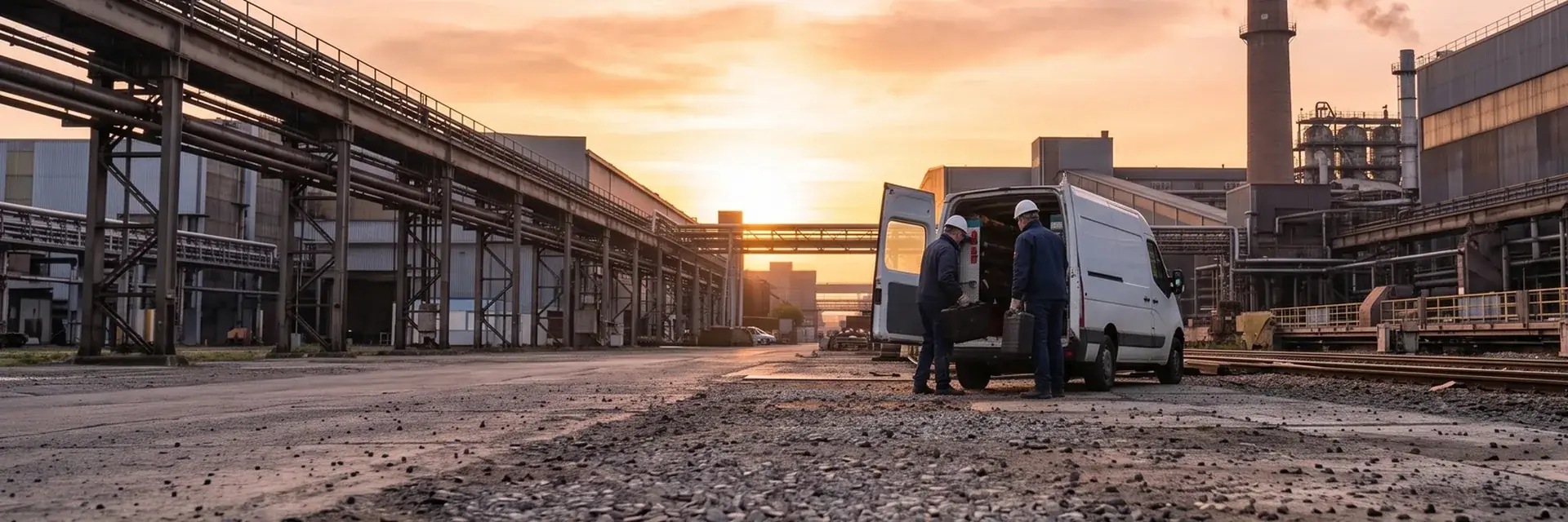 Monteure beladen einen Einsatzwagen auf einem Industriegelände bei Sonnenaufgang
